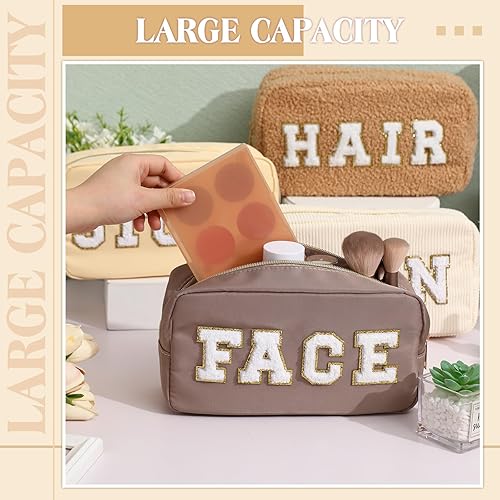 Miniatura 5 de Kajaia 4 Piezas Bolsas de Maquillaje Preppy Bolsas de Letras de Chenilla Bolsas de Cosméticos para Cabello, Cara, Piel para Mujeres, Bolsas