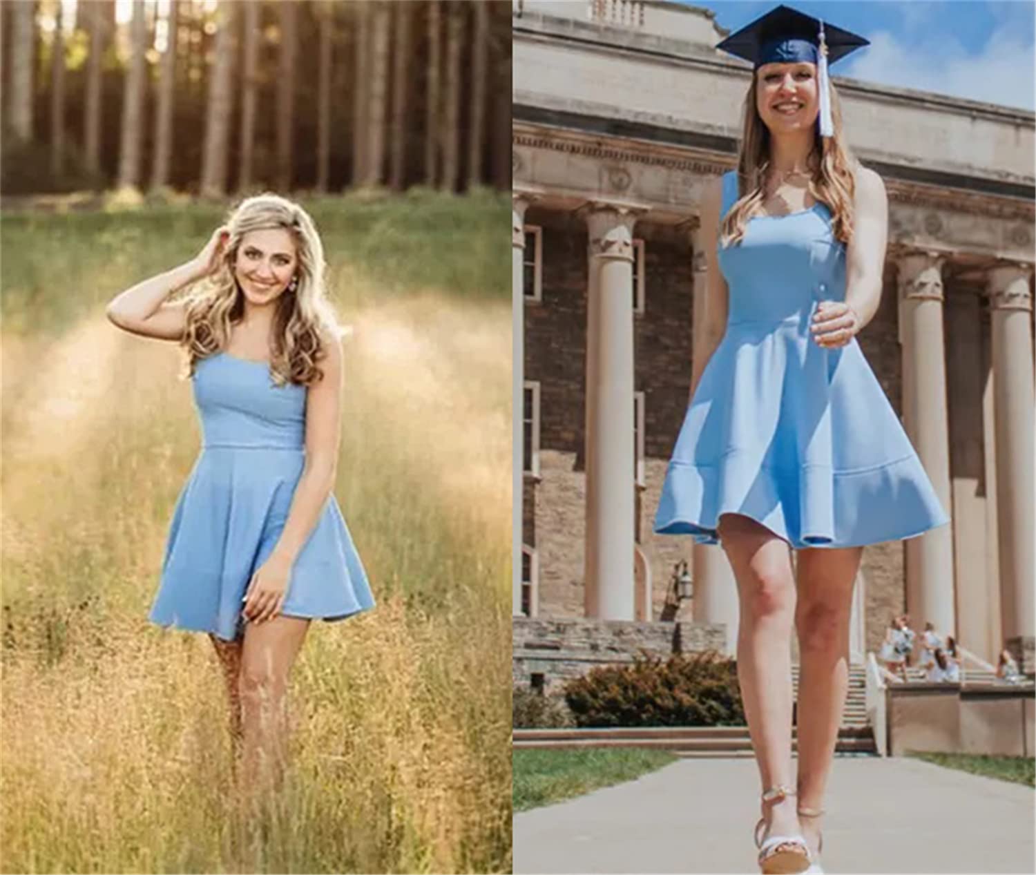 FANCYINN Vestido Corto con Espalda en V para Mujer Cuello en U Inslace Dobladillo Tirantes Anchos Tanque Mini Patinador Vestidos de cóctel Graduación Vestidos de Regreso a casa Azul Claro XL