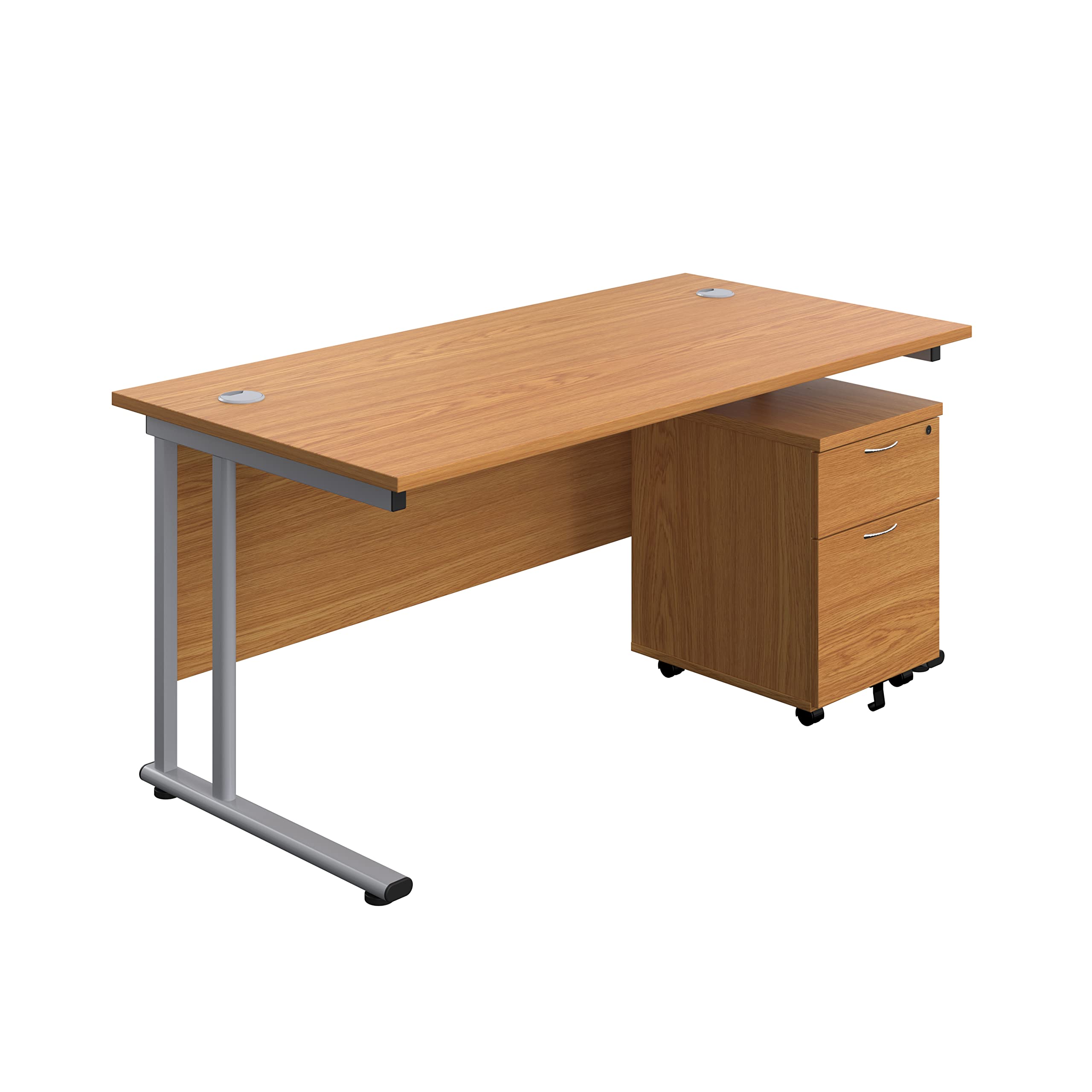 Office Hippo Professional Cantilever Office Desk With 2 Drawer Mobile Pedestal, Wood, Oak, Silver Frame, 180 x 80 x 73 cm
