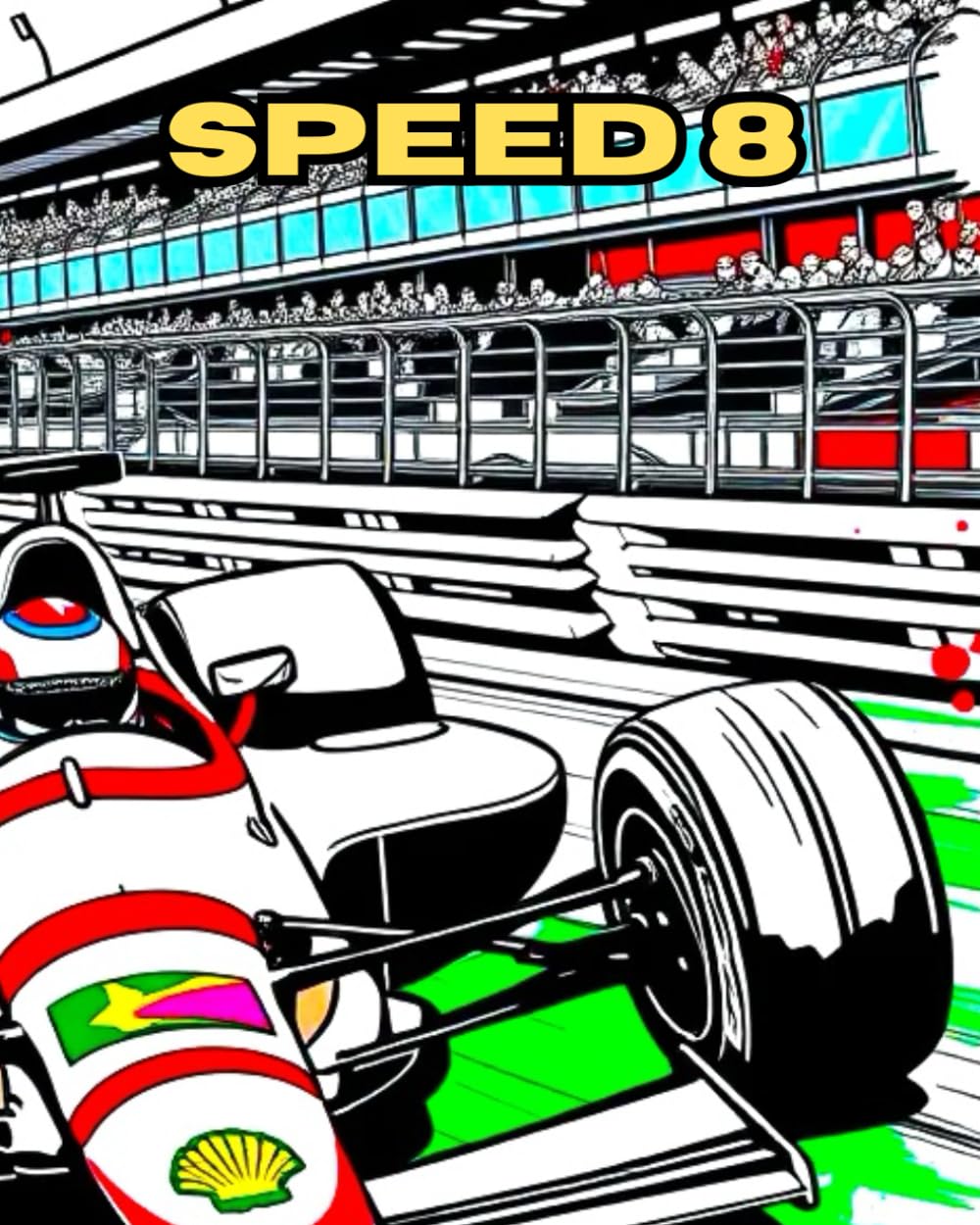 SPEED 8: A colouring book about high-performance racing cars.