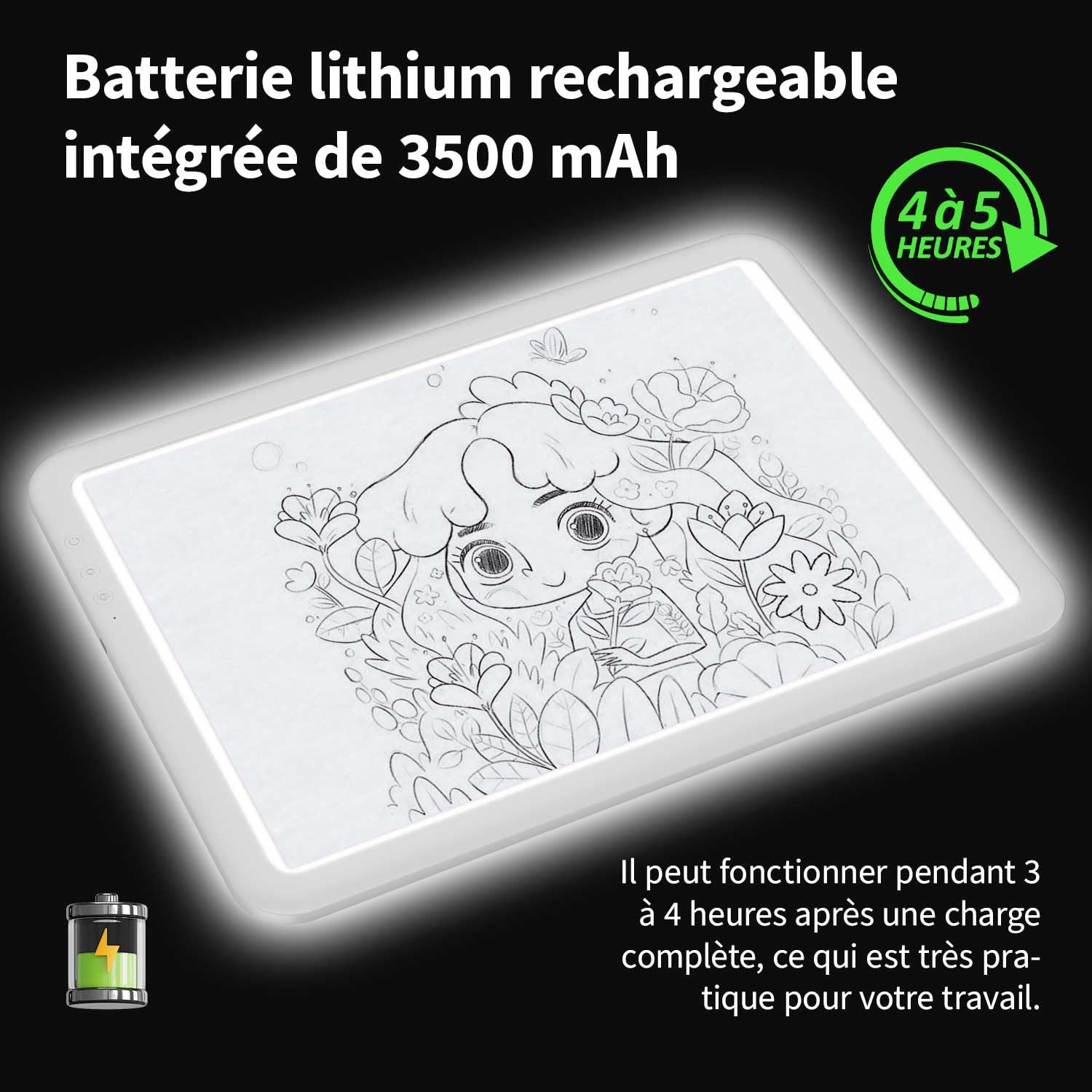 Bloc lumineux super lumineux de 8000 lux avec batterie de 3500 mAh, 6 niveaux de gradation et 3 températures de couleur pour enfants, tapis lumineux pour artistes, dessin, croquis, animation, suivi