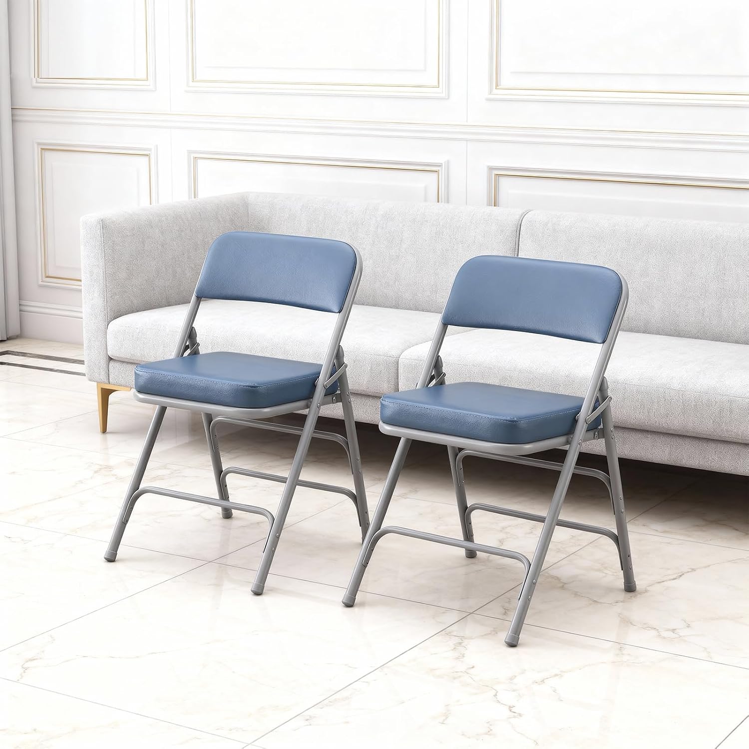 Padded Folding Chair Indoor Metal Frame Foldable Chair Blue | Comfortable Thick Vinyl Cushion Seat Durable Elegant Upholstered Single Chair for Small Space Home, Office and Events