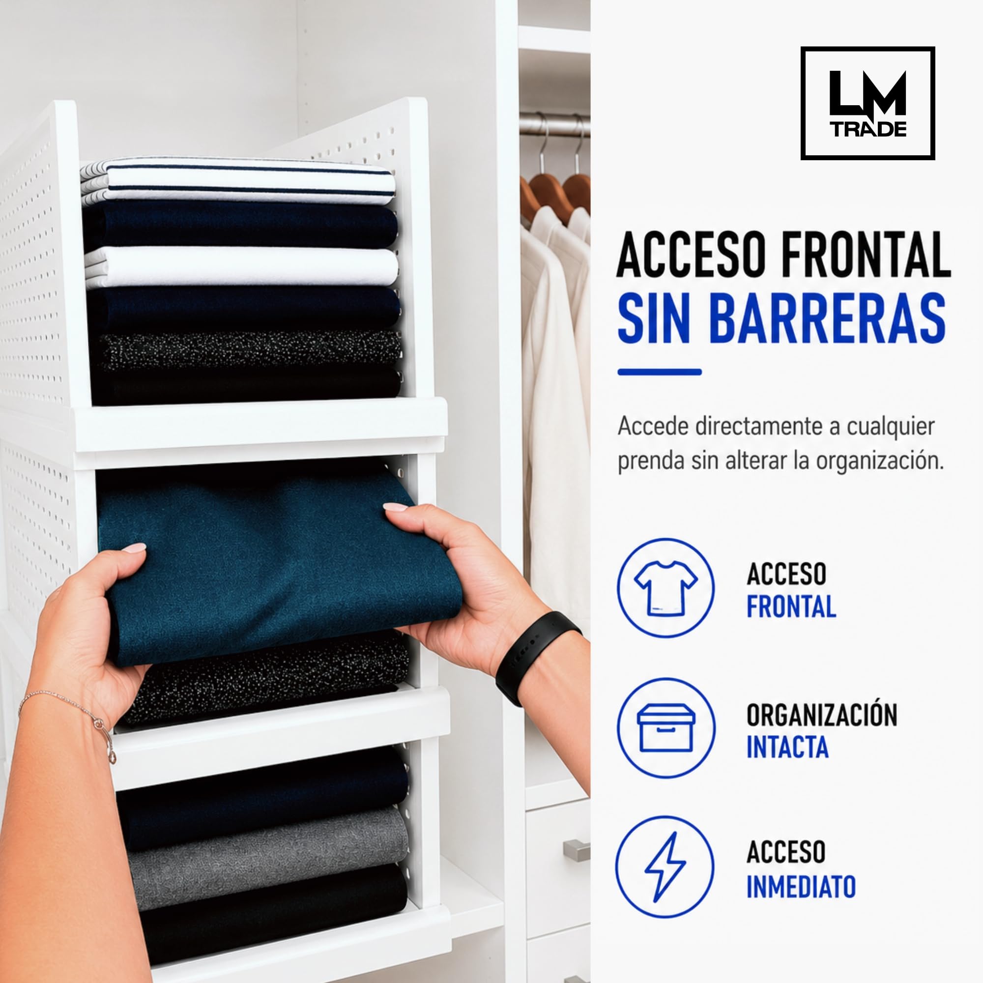 Organizador Armario - Bandejas Extraíbles - 3 Módulos Apilables | Acceso frontal - base antideslizante - tope de seguridad - optimiza espacio - organiza camisetas - pantalones y accesorios