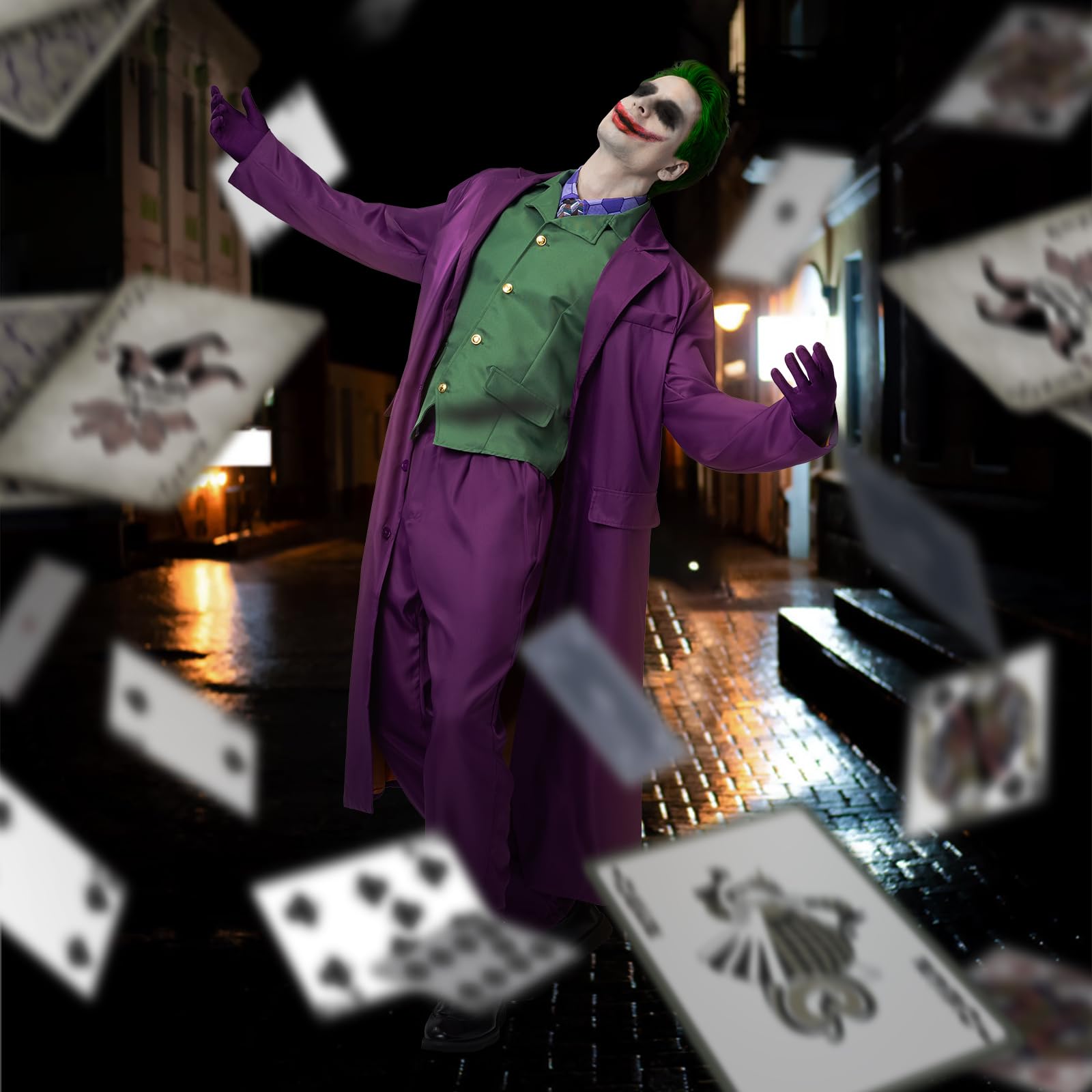 IEEILULU Disfraz Joker Hombre, Disfraz de Payaso Terror Hombre Halloween Disfraz Joker con Abrigo Morado, Chaleco Verde, Pantalones, Corbata, Cuello de Camisa Falso y Guantes para Halloween