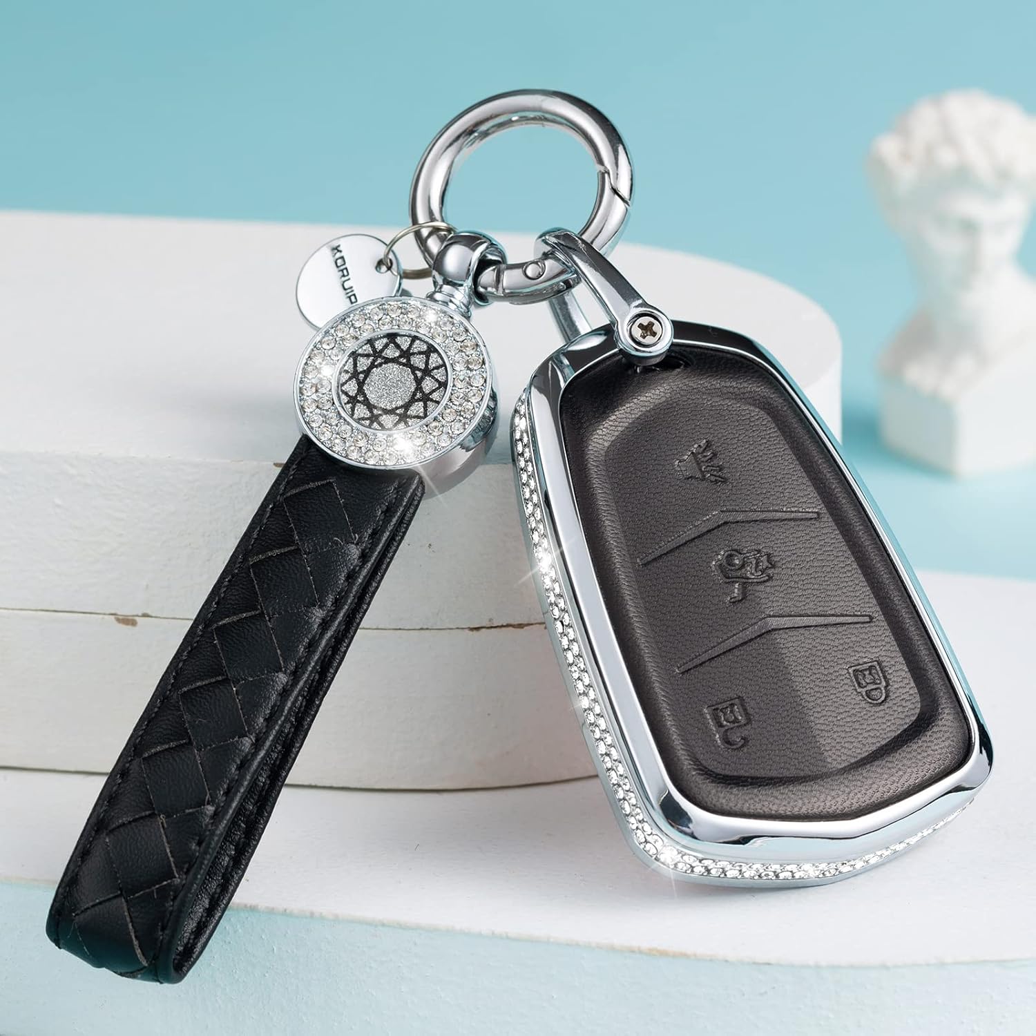 for Cadillac Key Fob Cover with Keychain, Leather Crystal Key Case Protector Compatible with Cadillac Escalade CTS SRX XT5 ATS STS CT6 5-Buttons Remote Start, Black