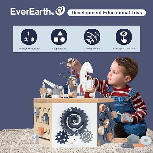 Miniatura 7 de Cubo de actividades de madera con laberinto de cuentas, cubo de actividades espaciales para niños de 1 a 3 años, multijuego, aprendizaje educativo,