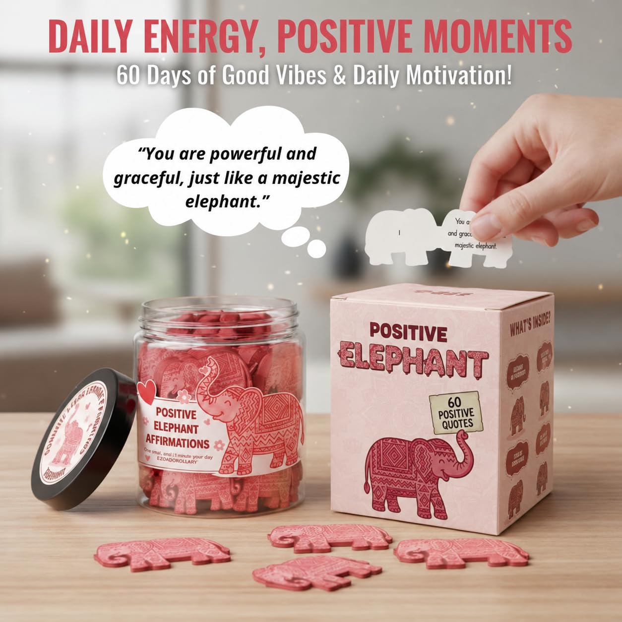 DEARMINE Positive Elephant Jar with 60 Affirmation Cards, Elephant Gifts, Christmas Home Office Desk Decoration, Friendship Gifts for Women, Gift for Best Friends, Sisters, Mom