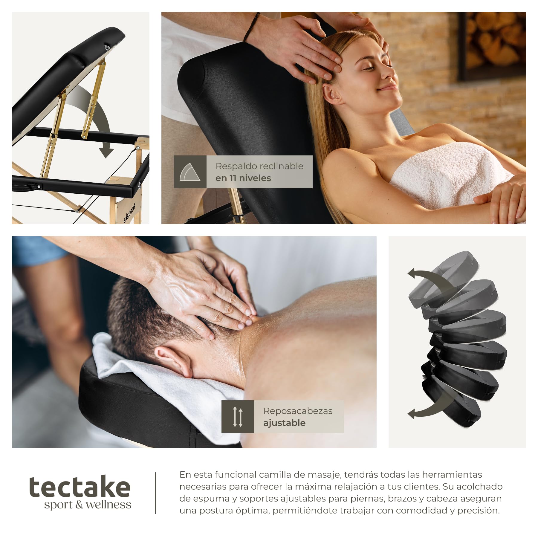 tectake® Camilla Masaje Plegable de Madera, Camilla Profesional para Fisioterapia, Quiromasaje, Tatoos, Reiki, con Taburete, Cojines y Bolsa Transporte - Negro