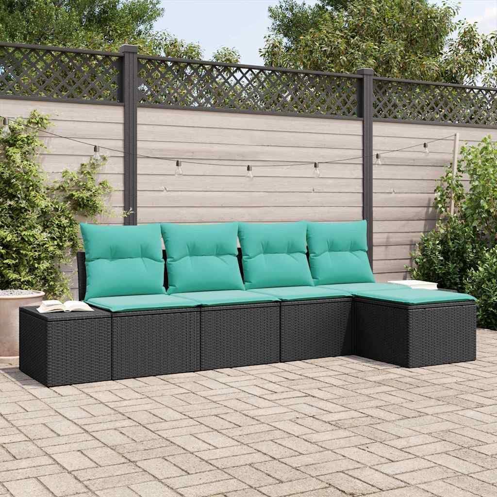 5-Piece Black-Turquoise Modular Garden Sofa Set with Adjustable Coffee-to-Dining Table, UV-Resistant Poly Rattan Patio Furniture Set for Outdoor Backyard Balcony