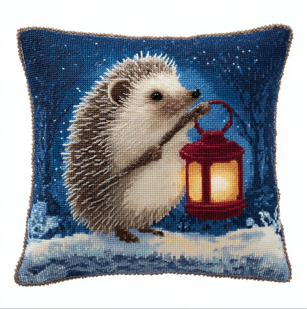Printed Cushion Covers Cross Stitch Kits, Hedgehog Holding A Retro Lamp 17.7X17.7In(45X45Cm) Diy Needlework Kit Embroidery Pillow Canvas Cushion Stamped Cross Stitch Pillowcase Embroidery Se