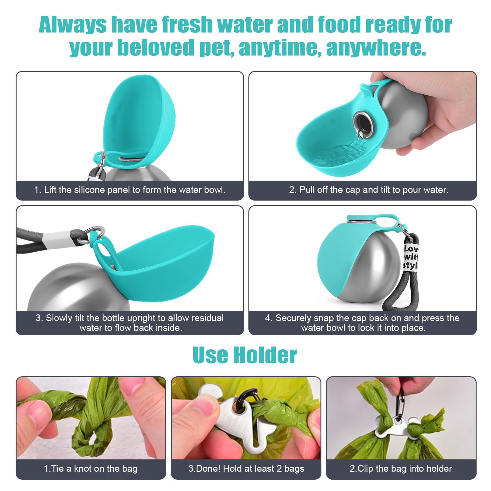 Trinkflasche Hunde für Unterwegs, Hundetrinkflasche für Unterwegs mit Silikonnapf, 285ML Edelstahl Auslaufsichere Hunde Trinkflasche für Katzen&Hunde Spaziergänge und Wanderungen (Blau A) - 4