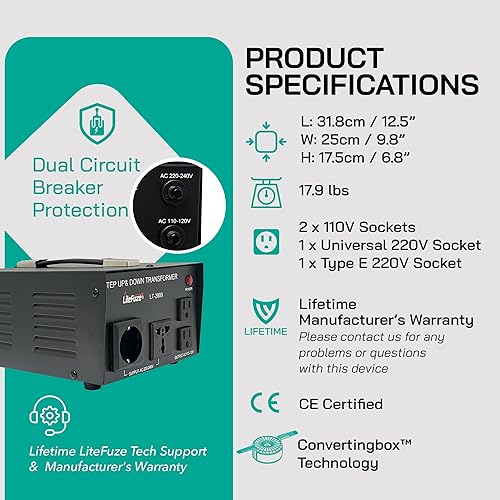 Miniatura 5 de LiteFuze Serie LT Transformador Convertidor de Voltaje Step UpDown de 2000 Vatios - 110 V a 220 V  220 V a 110 V Convertidor de Potencia - Cable