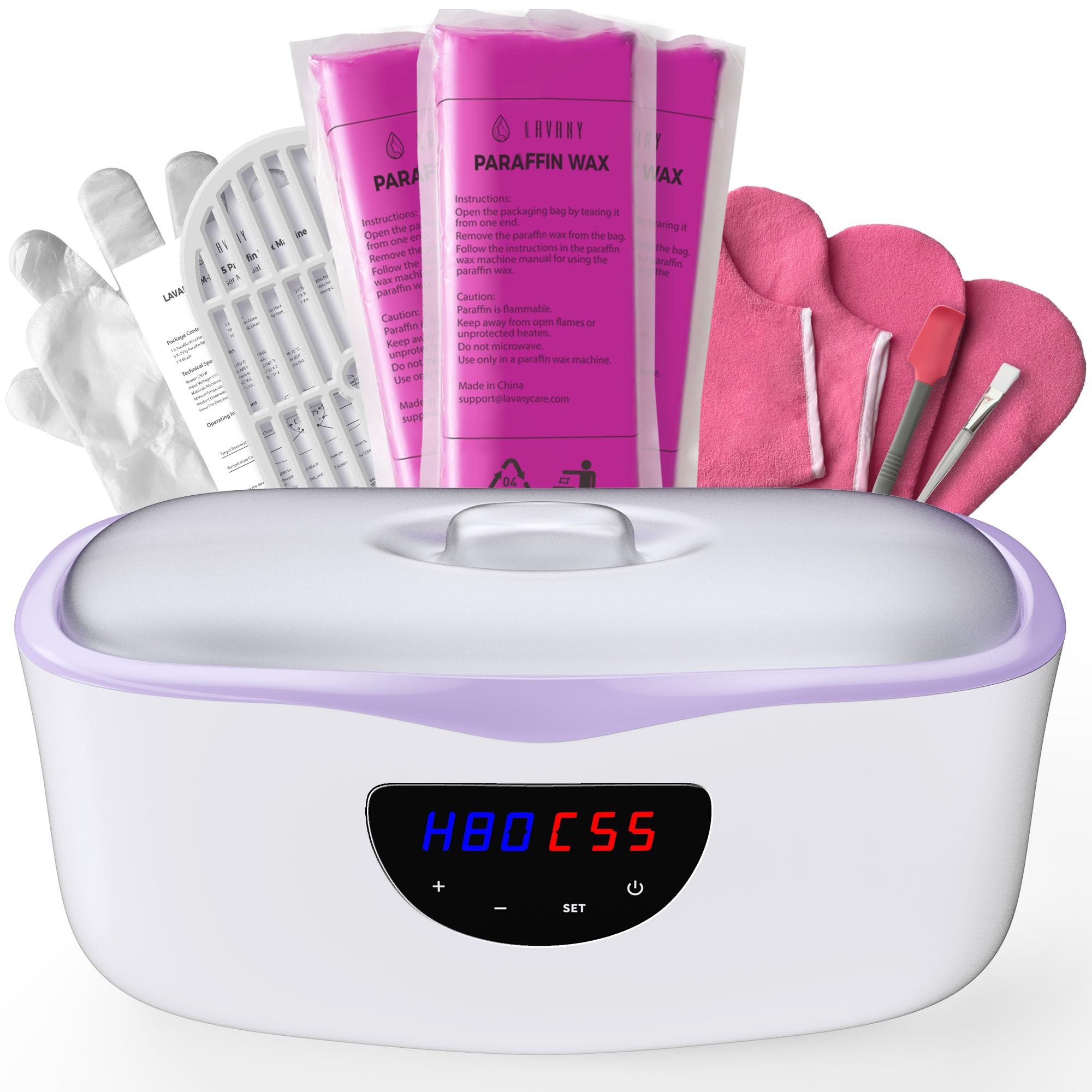 LAVANY Bain de paraffine pour mains et pieds, 4000 ml, appareil à cire de paraffine 230 W avec accessoires, cire de paraffine 1350 g et gants jetables (violet)