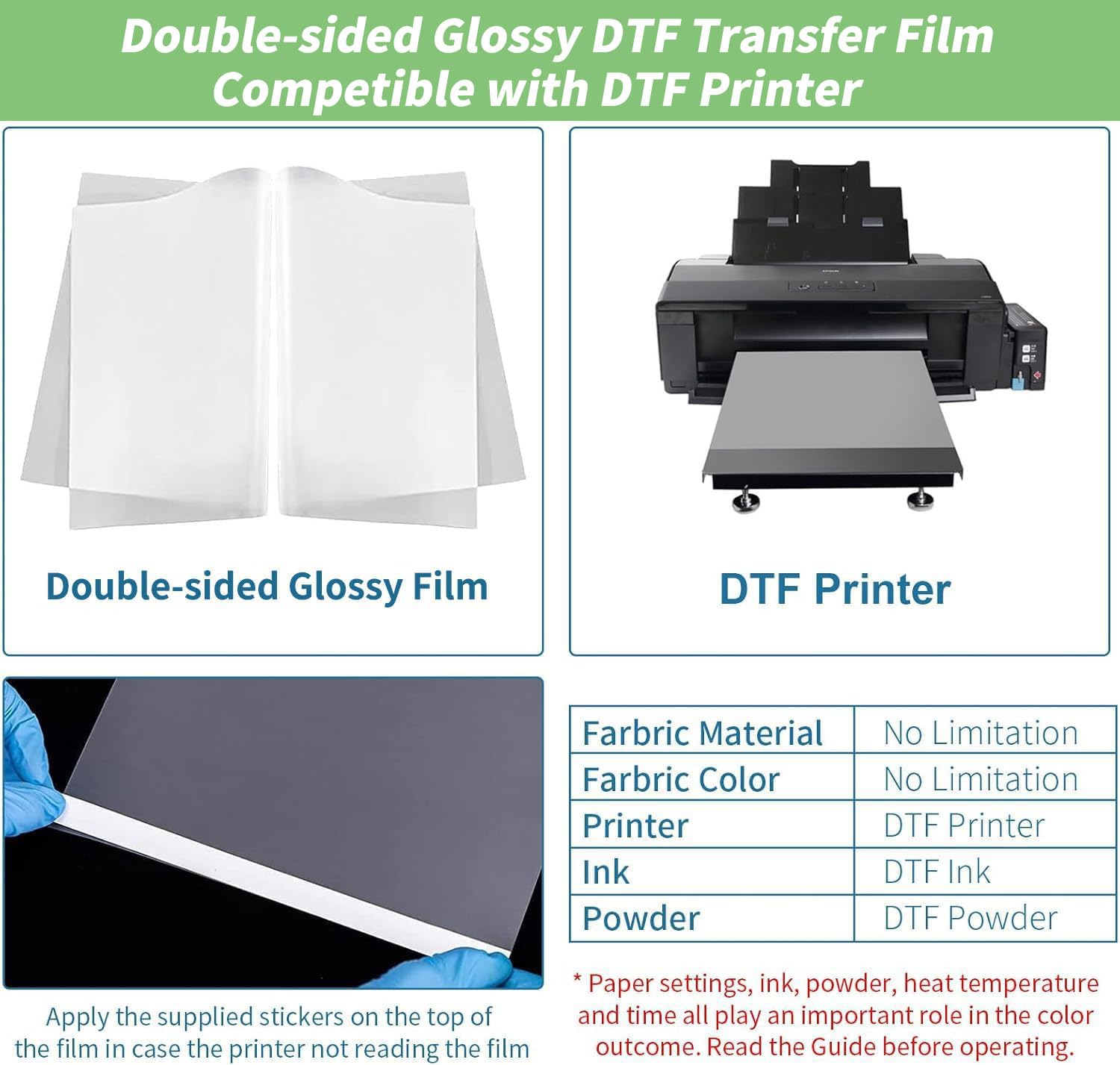 Yiko DTF folia transferowa zestaw papierowy, 35 arkuszy A4, Premium DTF zestaw folii transferowej - 300 g, biały cyfrowy proszek DTF do bezpośredniego druku na koszulkach
