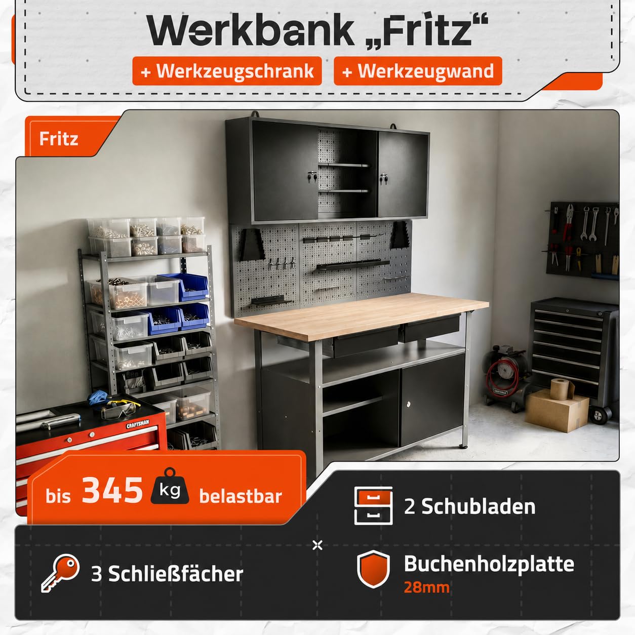 Ondis24 Werkstatteinrichtung Werkstatt Set Werkbank Fritz Hängeschrank Werkzeugwand Metall Schwarz Grau (Hängeschrank Kurt, 120 cm), mit Buchenholzplatte