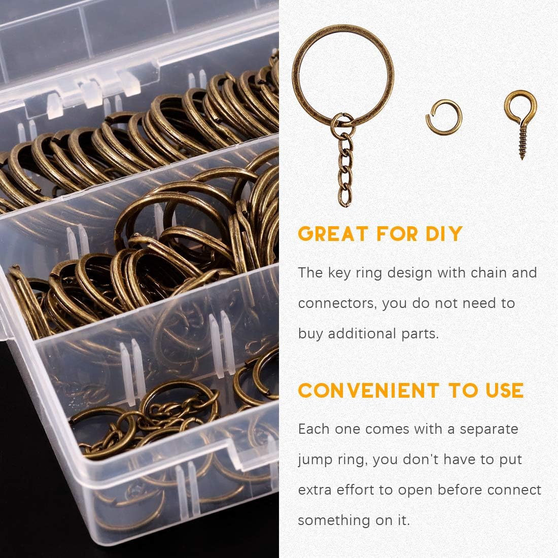 Rustark 300 Pcs Bronze Key Chain Rings Assortment Kit, 100Pcs Keychain Rings with Chain, Open Jump Rings and Screw Eye Pins for Crafts Charm Jewelry Making (20mm, 25mm, 30mm, 35mm)