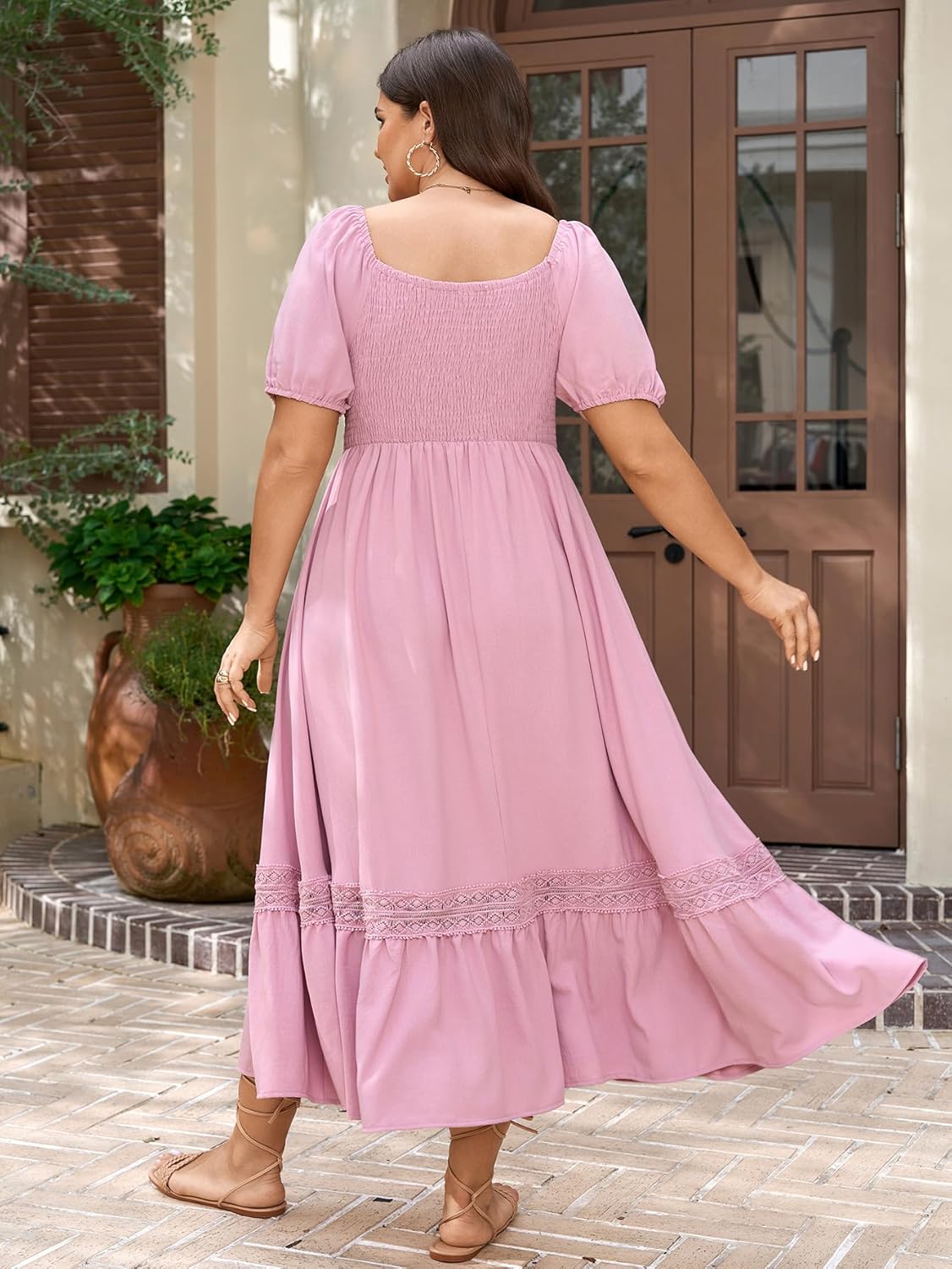 SCOMCHIC Women's Plus Size Dresses Summer Milkmaid Short Sleeve Square Neck A Line Lace Trim Boho Maxi Dress - Image 6