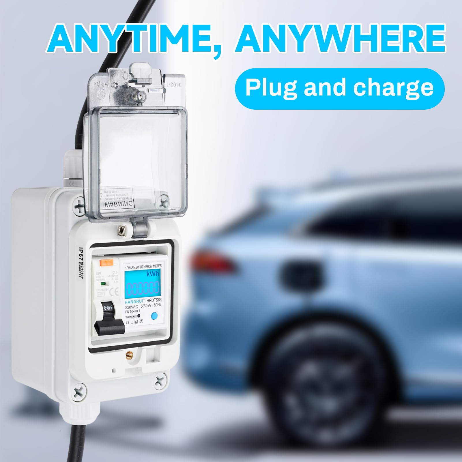 Mobilny cyfrowy licznik prądu, licznik prądu do gniazdka zewnętrznego 16A Typ A wyłącznik ochronny wtyczka euro IP65 wodoszczelny miernik 230V 60A do instalacji przemysłowych ogród