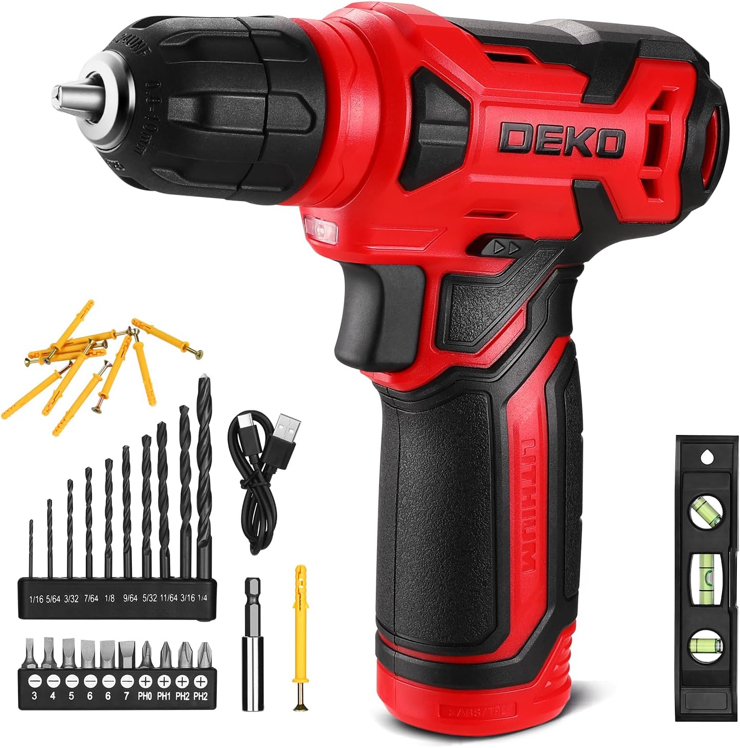 DEKOPRO 8V Cordless Drill, Drill Set with 3/8"Keyless Chuck, 42pcs Acessories, Built-in LED, Type-C Charge Cable, Gray Power Drill for Drilling and Tightening/Loosening Screws