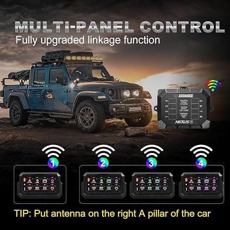 SUPAREE 8 Gang RGB Wireless Switch Panel, 328FT Remote Range 433MHz Control System, 1+3 Multi-Panel Sync, Magnetic & Type-C Charging for Offroad Truck Car RV Marine, No Drilling Plug & Play