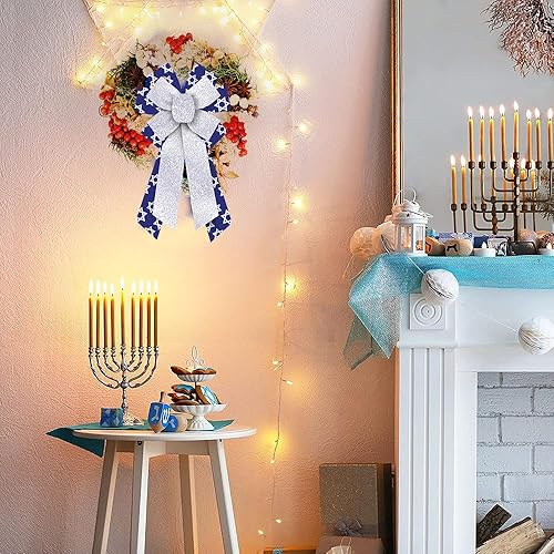 Miniatura 8 de Lazos grandes de Hanukkah para corona, estrella de David con purpurina azul, lazos de estrella para puerta delantera, adornos de Navidad judíos,