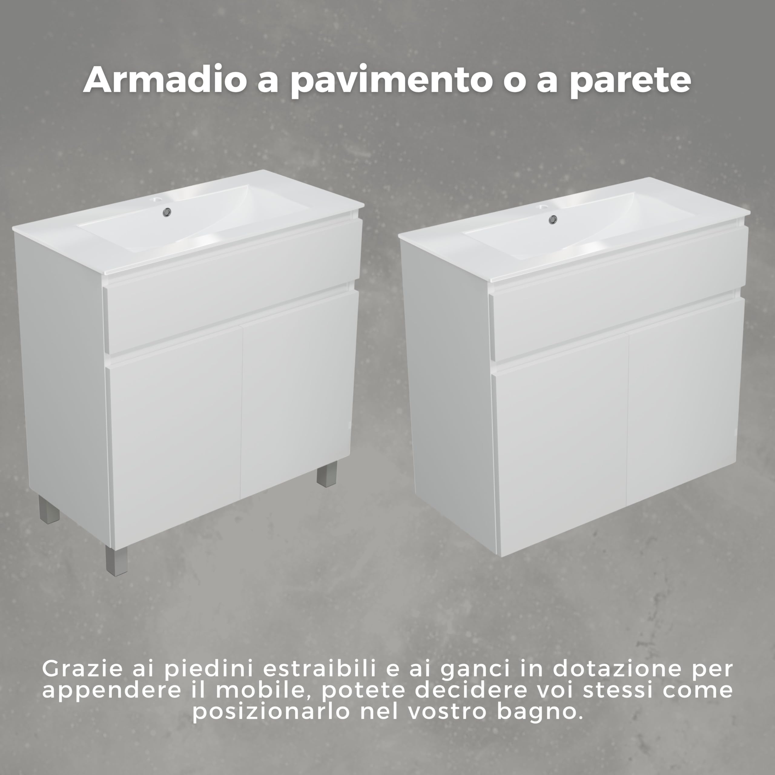 Lavabo ARIZA con mobile largo 80 cm, Lavabo con mobile a 2 ante, Set di mobili da bagno - Bianco opaco/Fronte bianco brillante