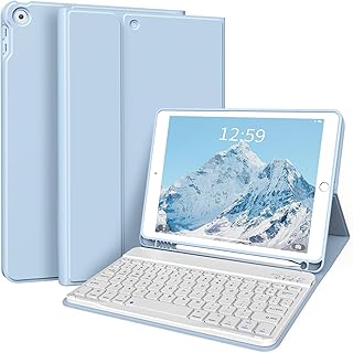 kenke Case with Keyboard for iPad 9th/8th/7th Generation 10.2 inch 2021/2020/2019 Detachable Wireless Bluetooth Keyboard Cover Thin & Light with Left Side Pencil Holder Auto Wake/Sleep（Blue）