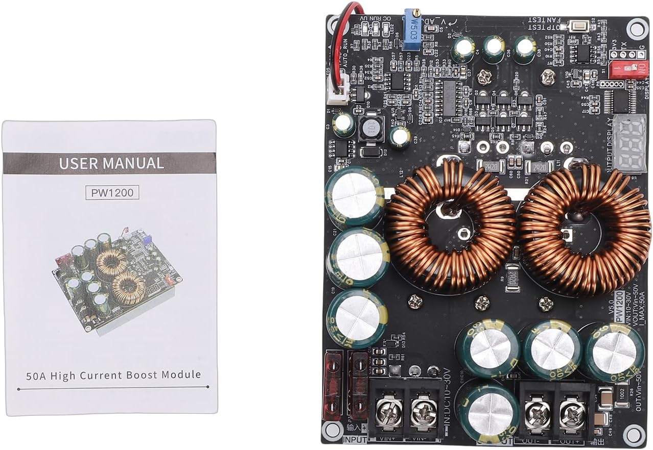 1200W 50A High Current Boost Power Module, Dual Inductor Audio Amplifier Power Supply, Amplifier Device with DC 10-30V Input 50V Output & Undervoltage Protection, Ideal for Audio (ZK-PW1200)