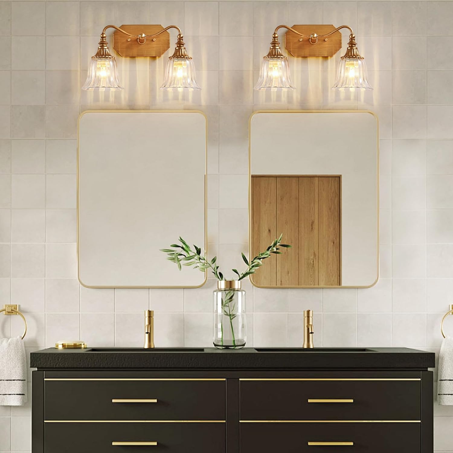 LmnLvn Bathroom Vanity Gold Light Fixture, 2 Lights Bathroom Lighting Matte Antique Brass Finish with Crystal Glass Shade, Gold Vintage Vanity Light for Bathrooms