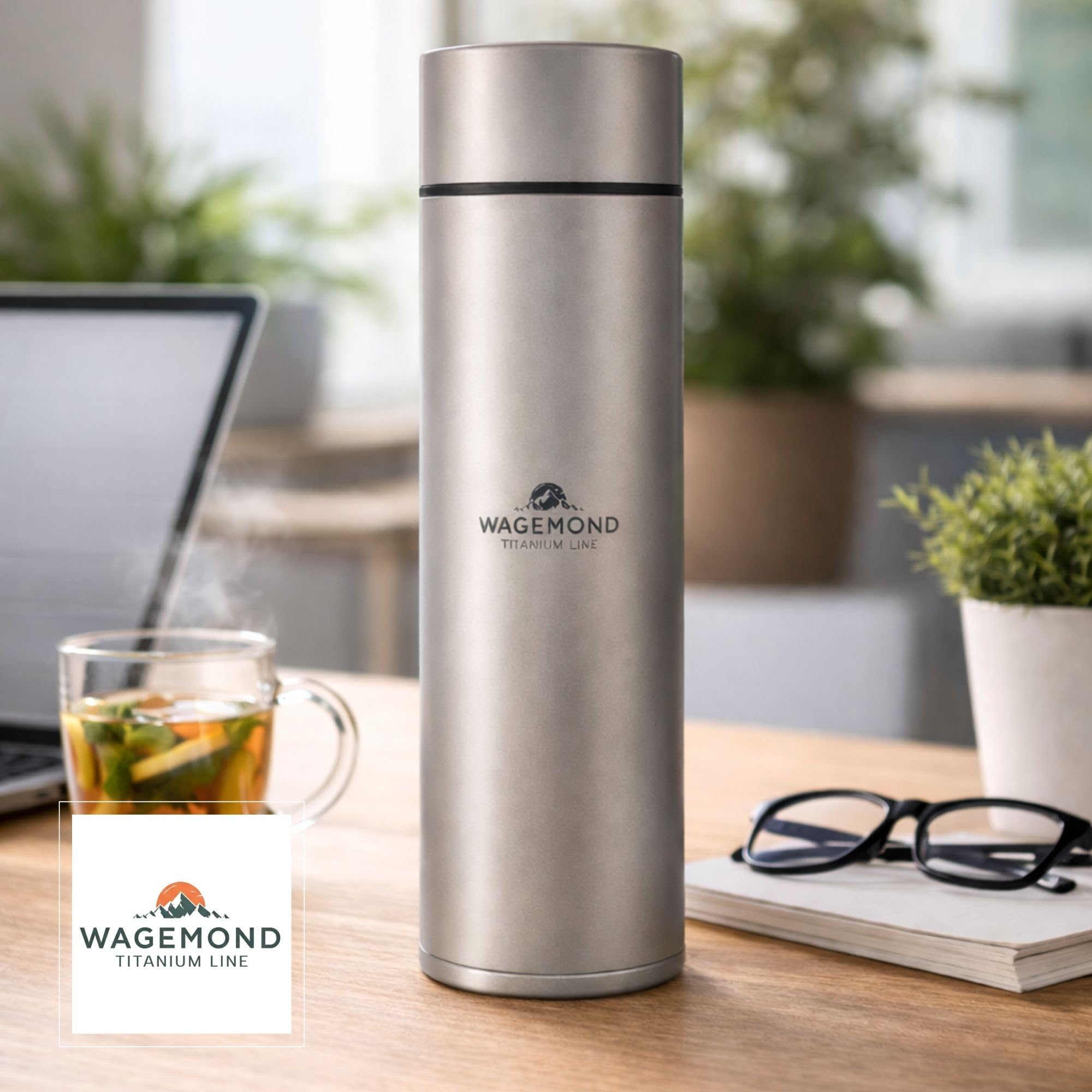 Titan Thermosflasche 450 ml – ultraleicht & doppelwandig isoliert | 100% Titan, geschmacksneutral & BPA-frei | inkl. Teesieb & Naturbürste | für Alltag, Reisen & Outdoor