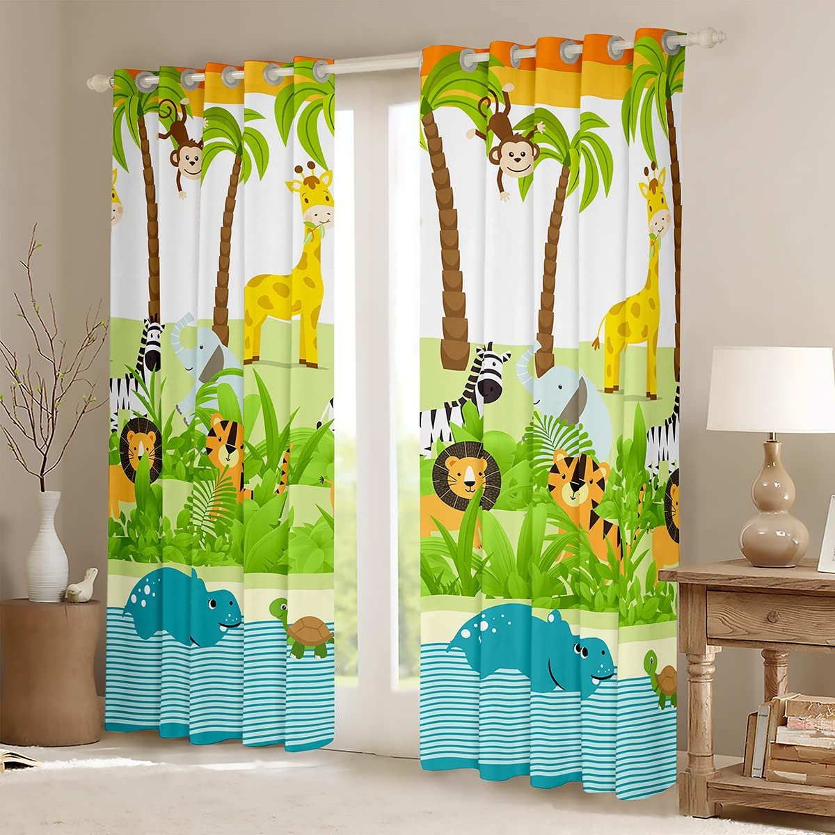 Kawaii Cartoon Animal Curtains Cute Giraffe Lion Elephant Window Curtains for Bedroom Living Room for Girls Kids Room ,Cute Decor Botanical Palm Tree Window Drapes Treatments 38W X 54L,2 Panels