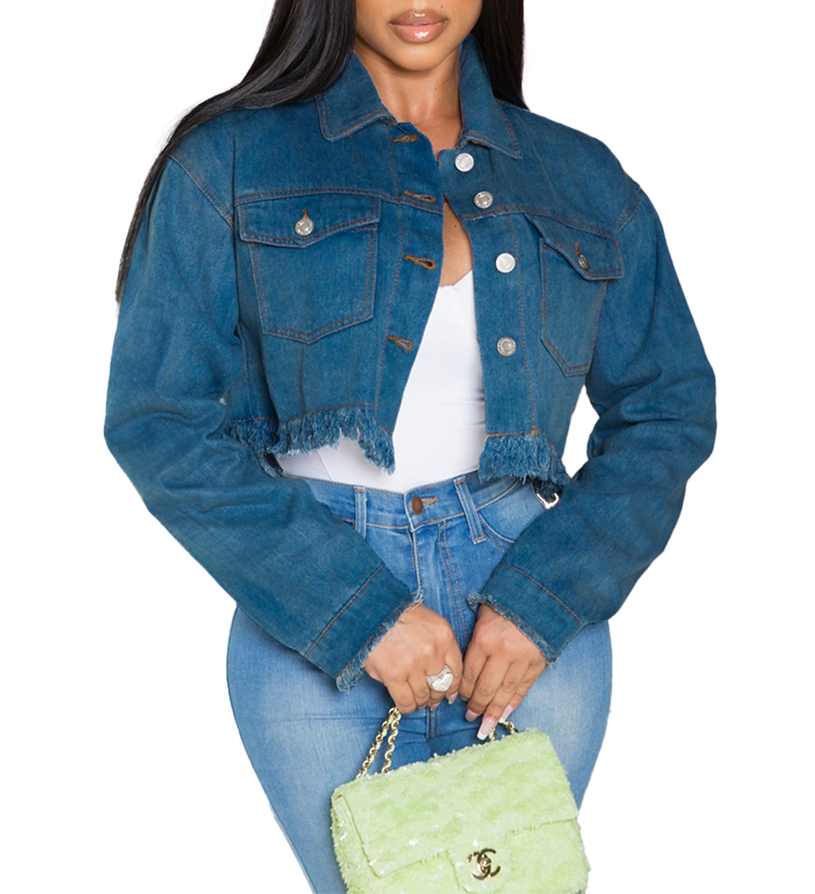 LaiyiVicJean Jacket Women Cropped Denim Jacket Button Down Long Sleeve Fitted Crop Top Frayed Hem Jean Coat(Dark Blue,S), Dark Blue, Small