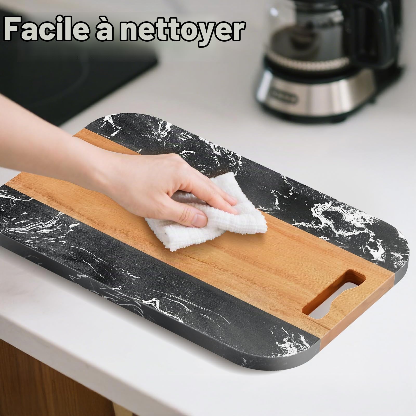 NiHome Plateau coulissant pour cafetière, mixeur, friteuse à air, grille-pain - 36 x 24 cm - Bois d'acacia et marbre - Rouleaux silencieux - Plateau de comptoir anti-rayures (noir)