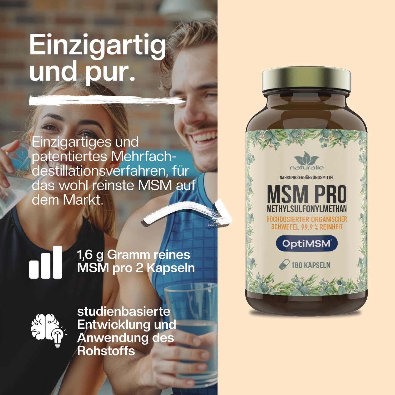 naturalie® MSM PRO - 1,6 g reines Methylsulfonylmethan pro Tagesdosis - 99,9% Reinheit dank OptiMSM™ mehrfach Destillation - ohne unnötige Zusatzstoffe - 180 Kapseln im BPA-freien Braunglas