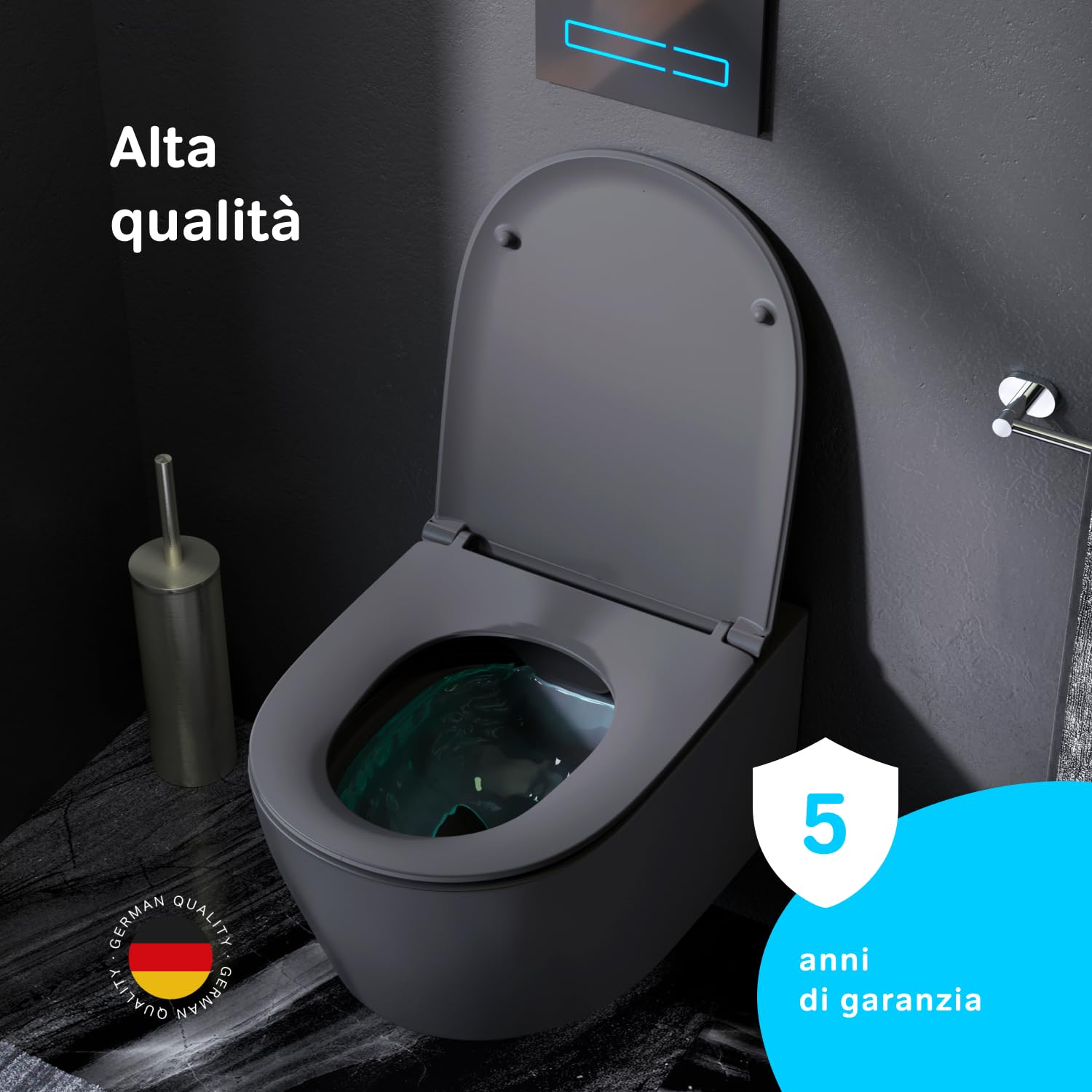 LuxeBath WC Suspendido Con Función Bidé Negro De Cerámica, Inodoro Colgante 49 Cm Corto Con Nanorecubrimiento Descarga De Tornado Para Baño, Wáter Con Asiento Extraíble Y Tapa Brillante Softclose