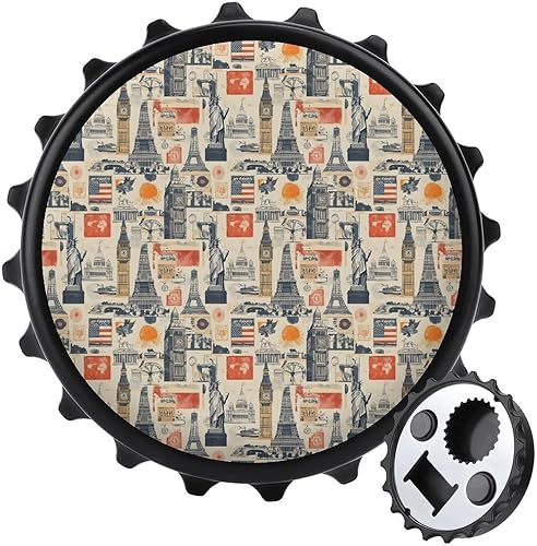Magnetic Beer Bottle Opener - Vintage Landmark Collage Print Portable One Handed Small Magnetic Bottle Opener for Fridge with Bartender and Outdoor,