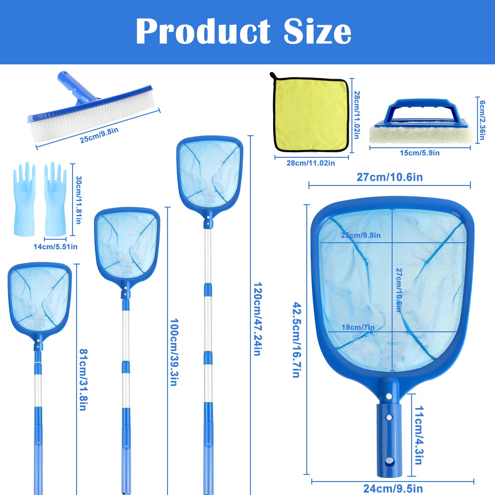 6 Pièces Kit de Piscine Nettoyage, Epuisette Piscine avec 44-88CM Télescopique Réglable, Épuisettes de Surface pour Piscine, Filet de Piscine pour Piscines, Spas, Fontaine