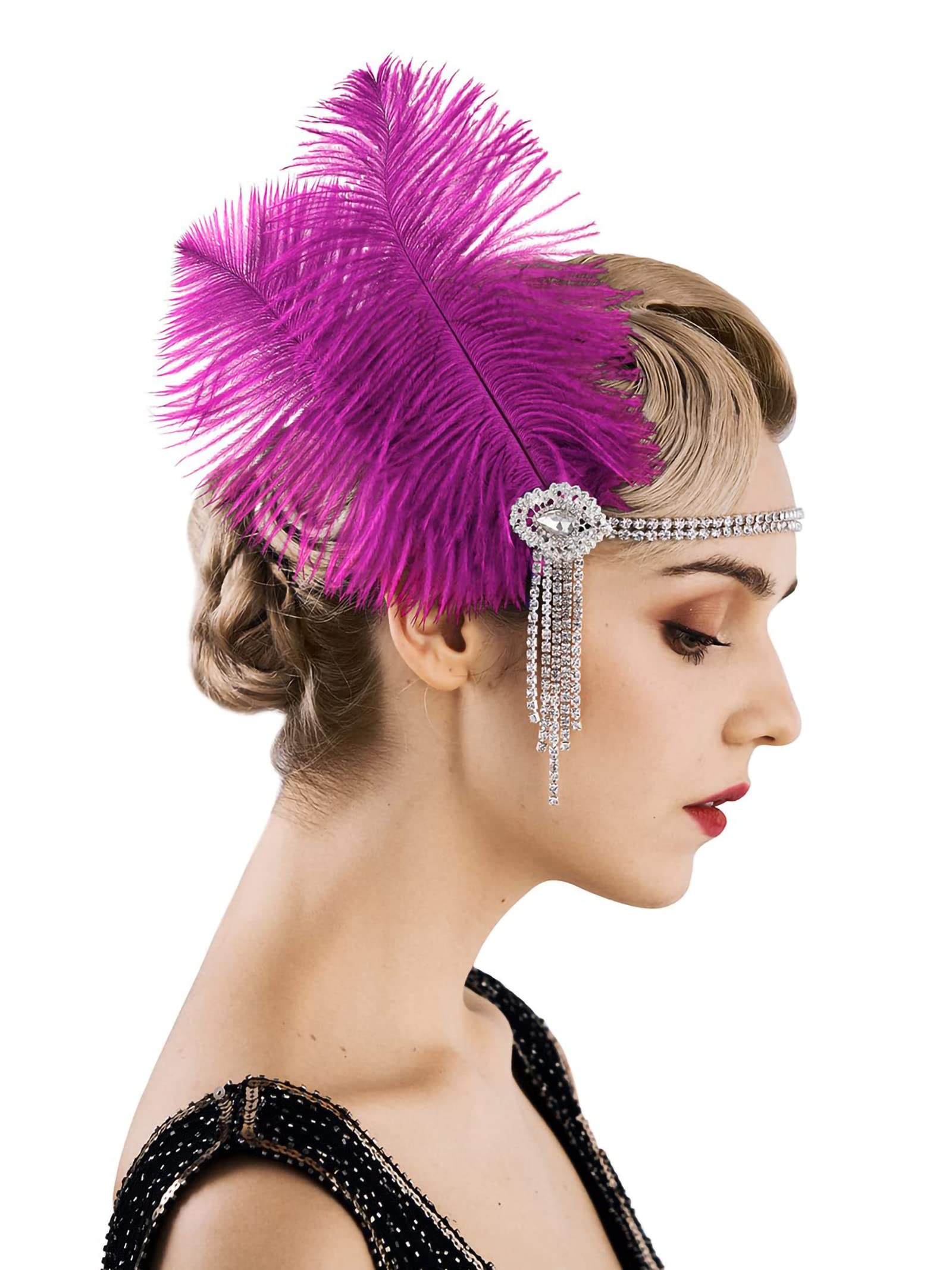 Excefore1920's Flapper Headband, Great Gatsby Inspired Feather Headpiece 20s Art Deco Hair Accessories Headband Party Rhinestone Hair Accessories for Women, ROSE RED
