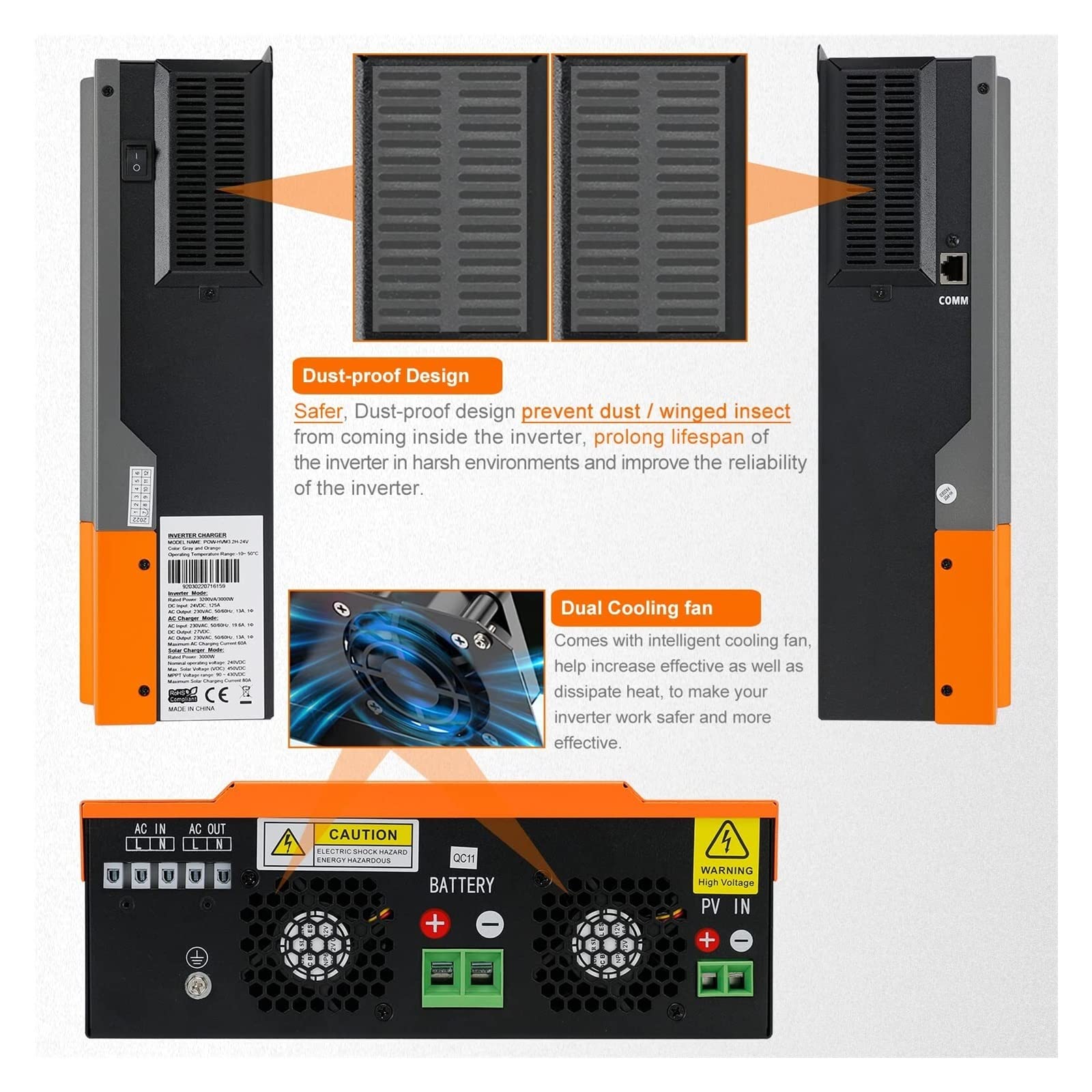 Hybrydowy Falownik Solarny 12V 24V 3KW 2KW 1.5KW MPPT 80A Konwerter Do Akumulatora Litowo-kwasowo-ołowiowego Czysta Fala Sinusoidalna Szerokie Zastosowanie(1.5KW 12V,With WIFI)