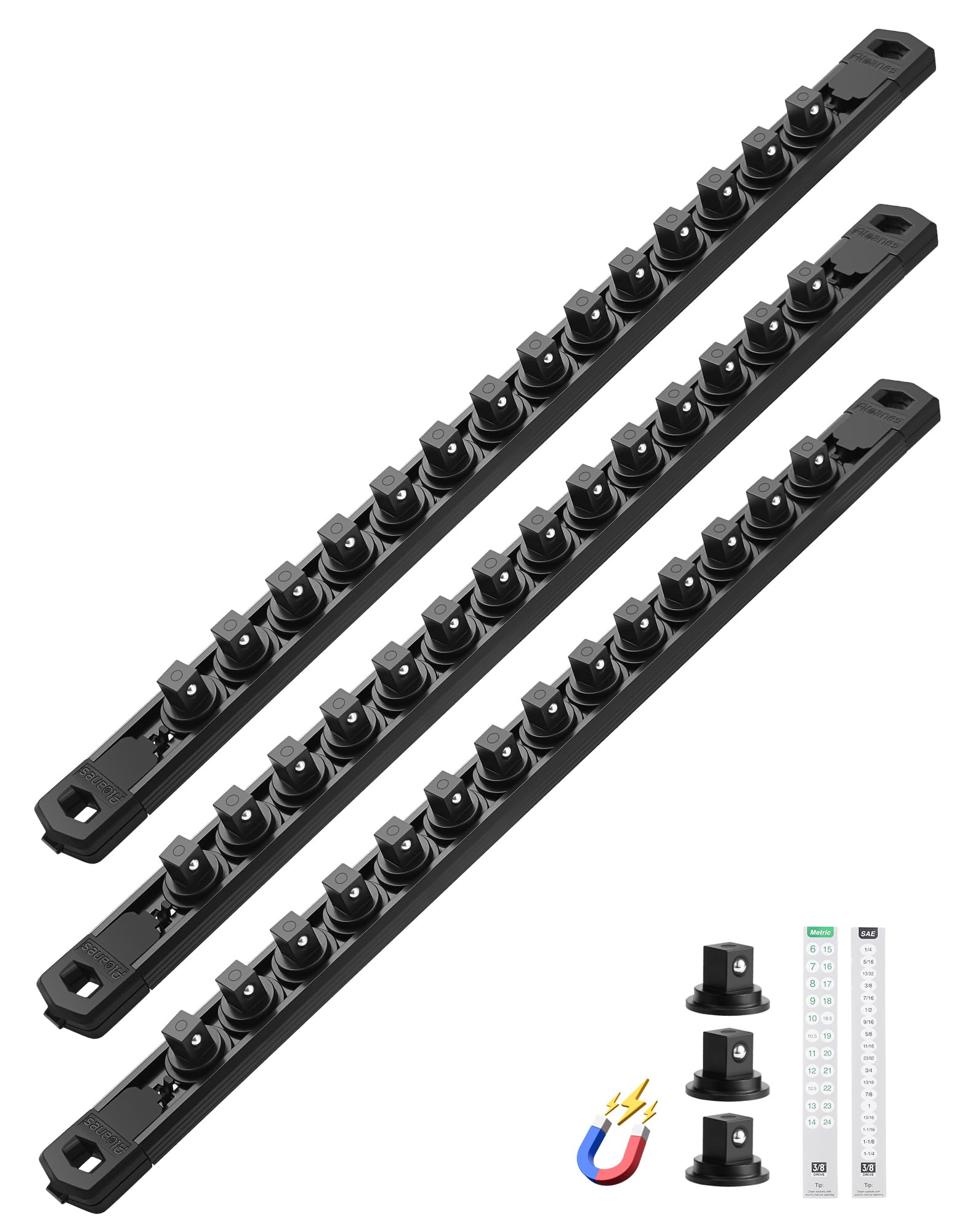 ALOANES Magnetic Socket Organizer, 3/8" Rail 42 Clips (Black, 3PC)