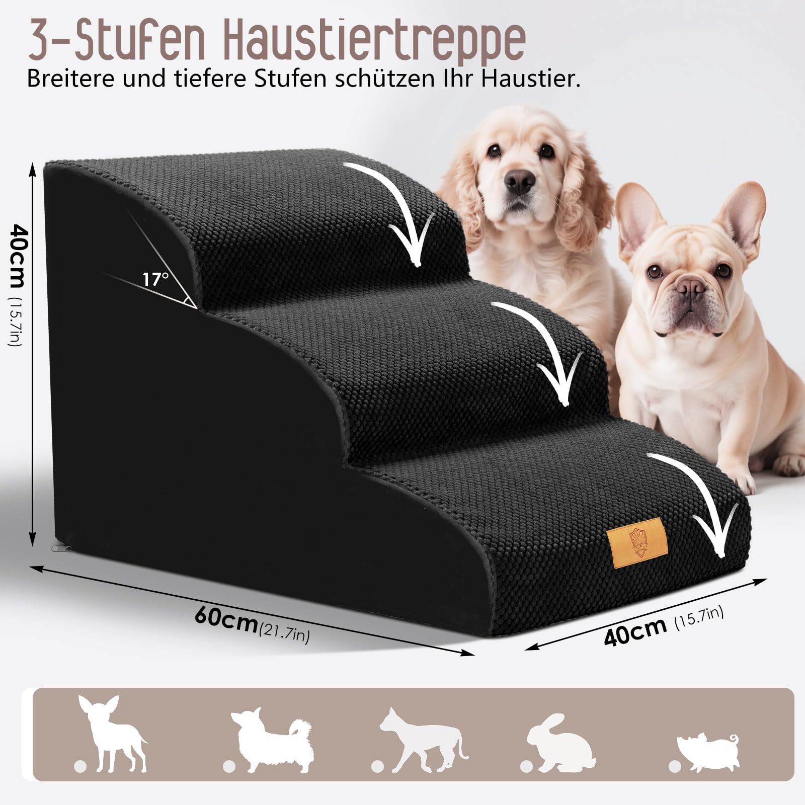 Thihome Scala per Cani di Piccola Taglia, 3 Livelli, Spugna ad Alta Densità, Altezza 40 cm, Rivestimento Lavabile, Rampa per Cani Antiscivolo per Letto e Divano, Colore Nero