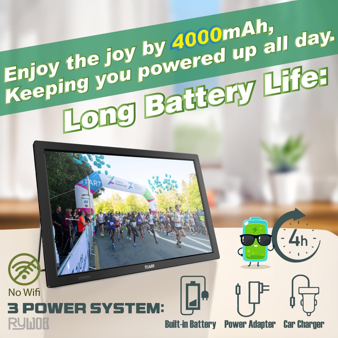 Batería recargable portátil de 15.6 pulgadas, 4000 mAh con | Soporta entrada HDMI/USB/TF/AV, cargador de coche de 12 V para camping, soporte de pared Vesa integrado y soporte