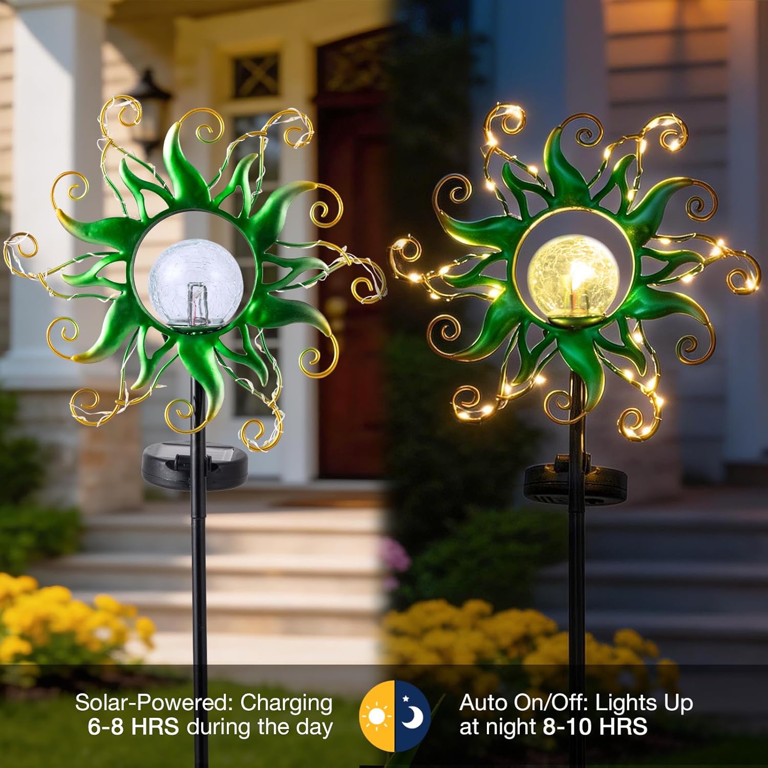 Solar Garden Lights Outdoor, Green Metal Sun Stake with 30 LED Waterproof Vine String Crackle Glass Spring Decor for Patio,Yardr,Lawn Gardening Birthday Gifts