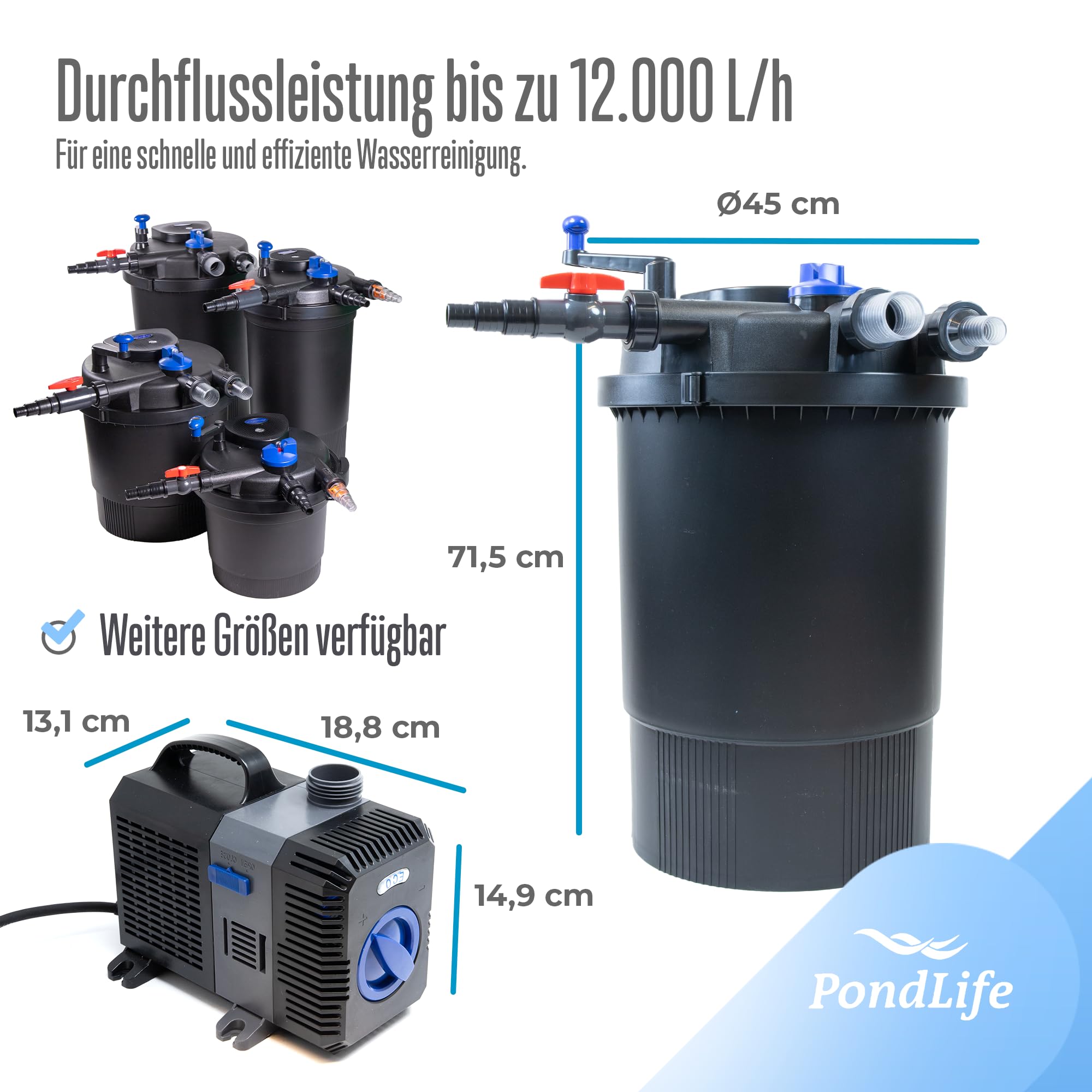 Pondlife Teich Filteranlage Set 7, Druckfilter CPF-30000 mit UVC Klärer für Teiche bis 60.000 Liter, 12.000L/h Durchfluss, energieeffiziente Pumpe CTP-7000 inkl. 10m Schlauch