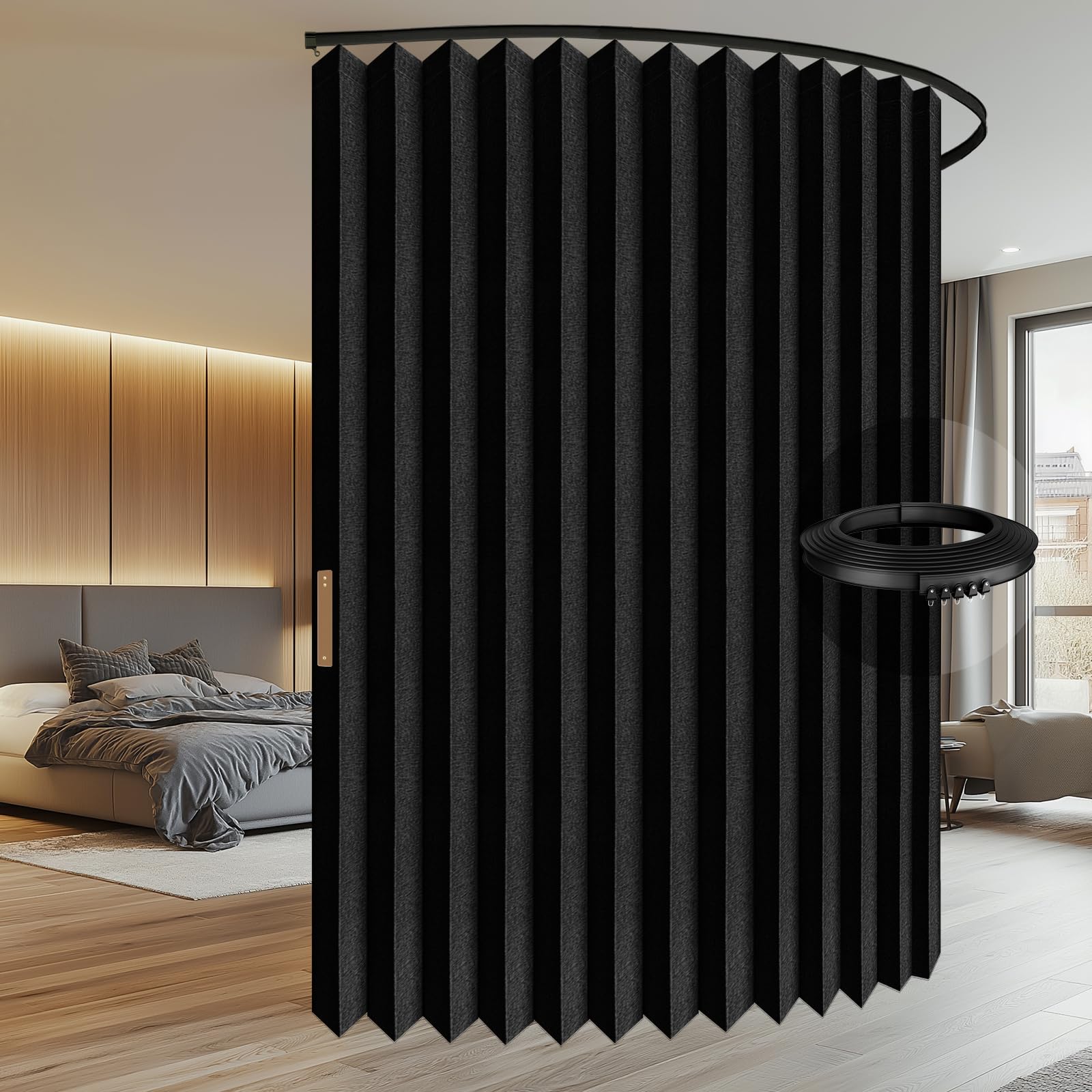 Cortinas divisoras de acordeón 100 % opacas, con pista de techo flexible, cortinas a prueba de sonido, adecuadas para dormitorio, patio, puerta corrediza (negro, 100 pulgadas de ancho x 84 2