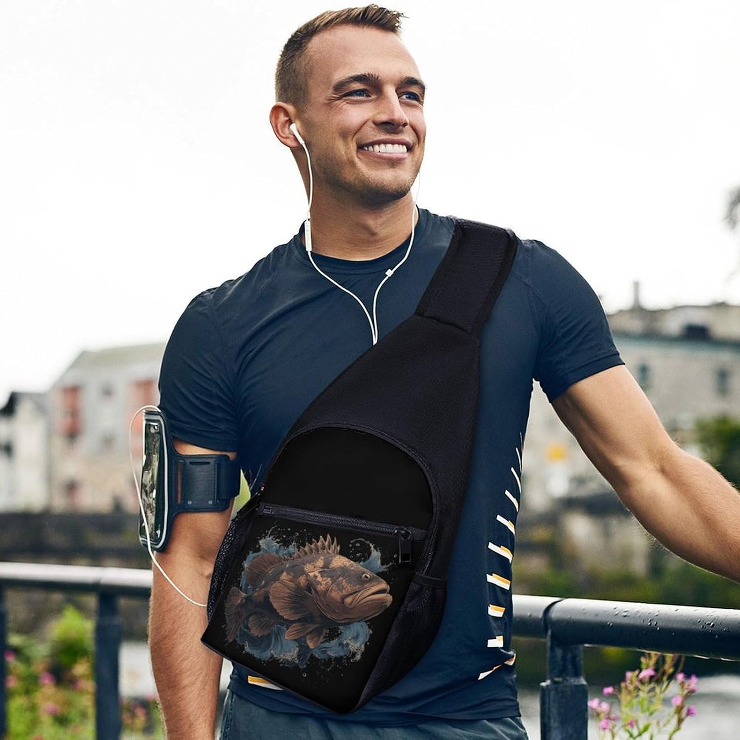 Sea Grouper Fish Swimming Crossbody Sling Backpack Chest Bag Daypack | unisex,trendy,with convertible and detachable shoulder strap,side pockets