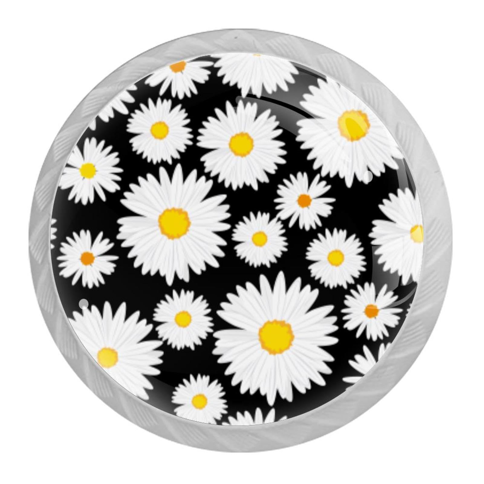 Tqmspg 4 Pieces Drawer Pulls White Daisy Flowers Door Knobs Dresser Handles for Kitchen Wardrobe Cupboard Hardware Furniture