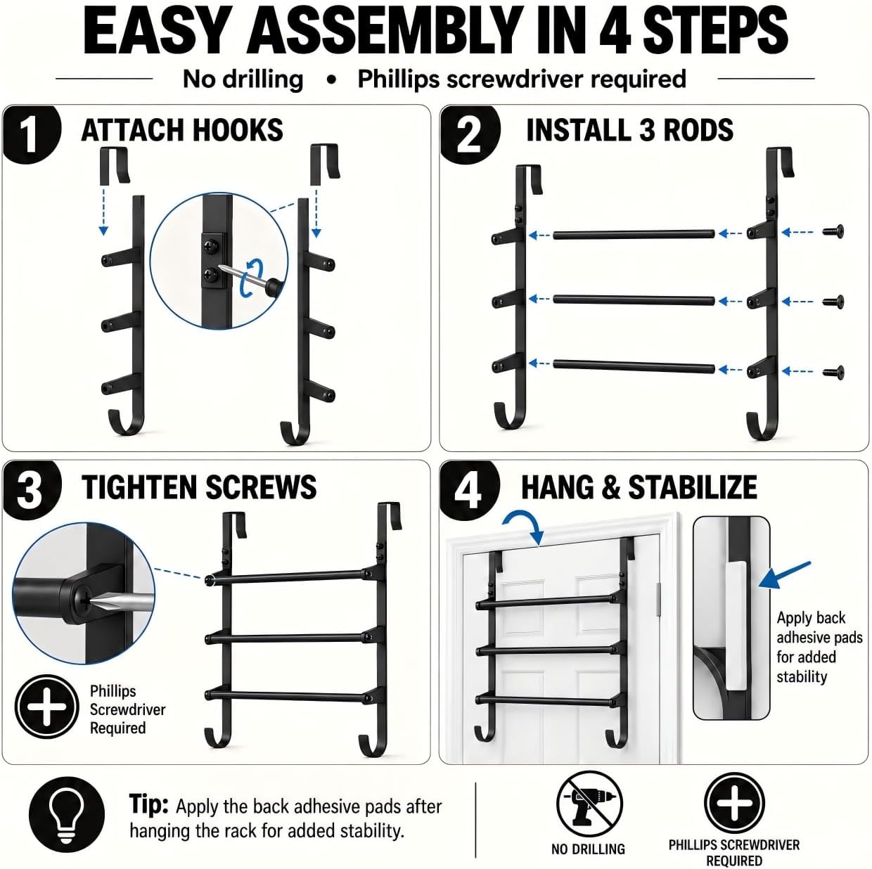 Over The Door Towel Rack, 3 Tier Metal Towel Bars with 2 Hooks for Bathroom,Add Extra Storage with 3 Fixed Towel Bars, 2 Bottom Hooks and Adhesive Pads—Perfect for bathrooms, bedrooms and RVs.