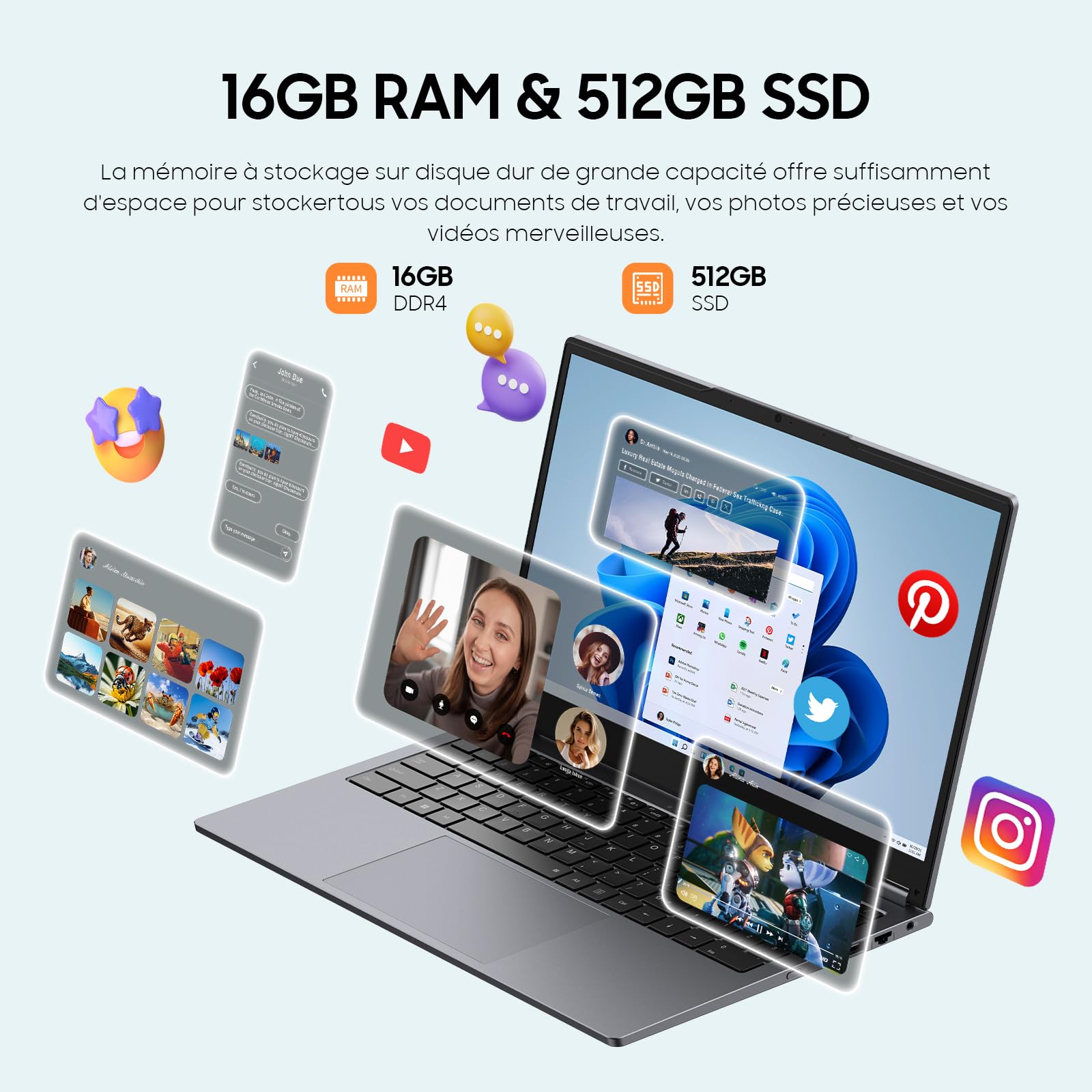 Yoga 2-en-1 Ordinateur Portable 15,6", 16 Go de RAM DDR4, 512 Go de SSD, Ryzen 3 3200U (jusqu'à 3,5 GHz) Radeon Vega 3,Écran Tactile Full HD,Wi-FI 5,BT5.1,RJ45,Clavier rétroéclairé