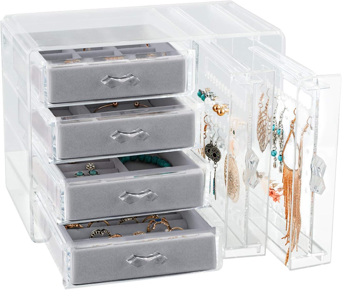 JenseitsAcrylic Jewelry Box, Clear Jewelry Organizer W/ 4 Drawers & 2 Earring Holder, Cute Jewelry Box For Bracelet Necklace Rings Storage, Dustproof Velvet Jewelry Display Case Gift For Women Girls
